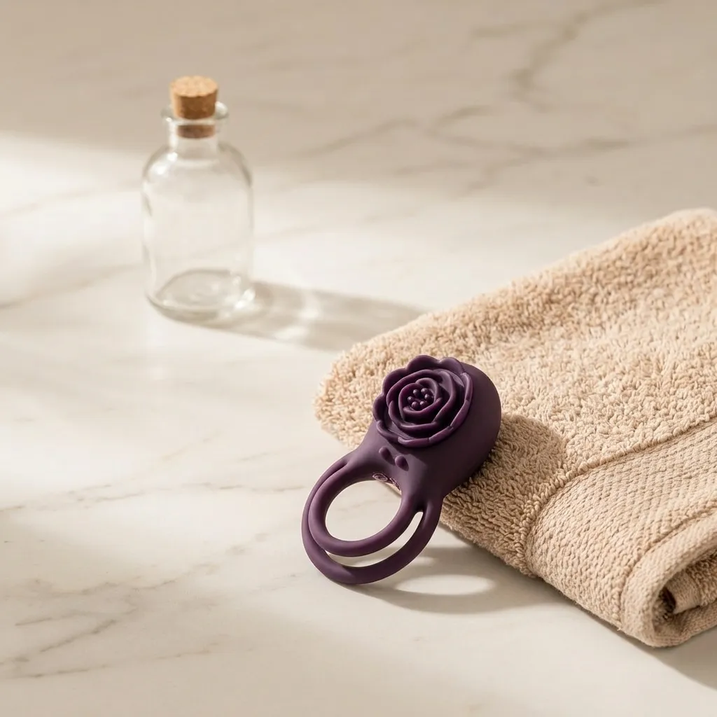 Rosquilla, anillo vibrador doble de silicona morada con rosa